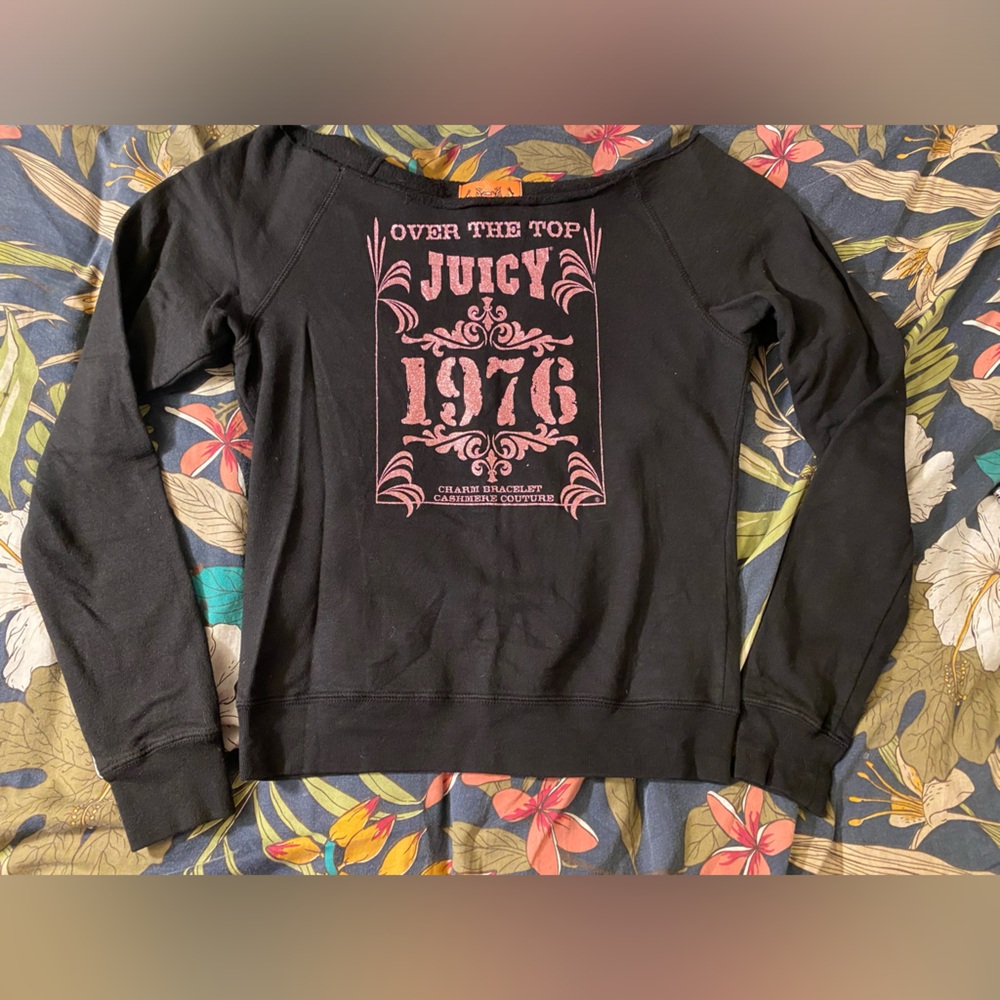 Black Juicy Couture Off Shoulder Sweatshirt W Pink Glitter Graphic Y2K Size S